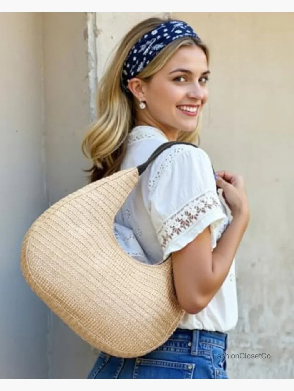 Hobo Crescent Straw Handbag with Adjustable Strap